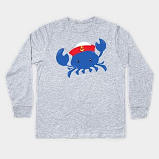 Sailor Crab, Cute Crab, Sailor Hat, Sea, Sailing Kids Long Sleeve T-Shirt